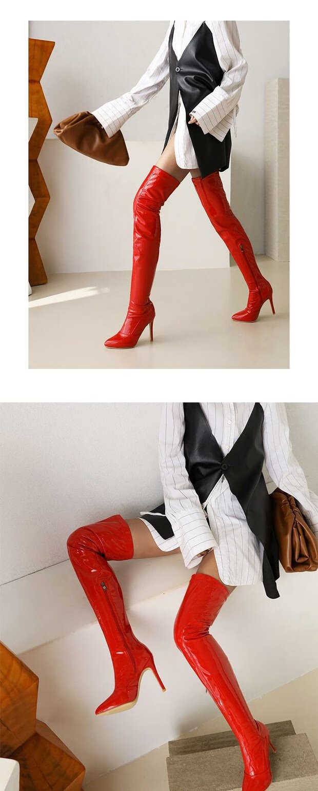 铂朗尼奥 长筒靴女情趣欧美超高跟细跟防水台漆皮过膝钢管舞伪娘靴