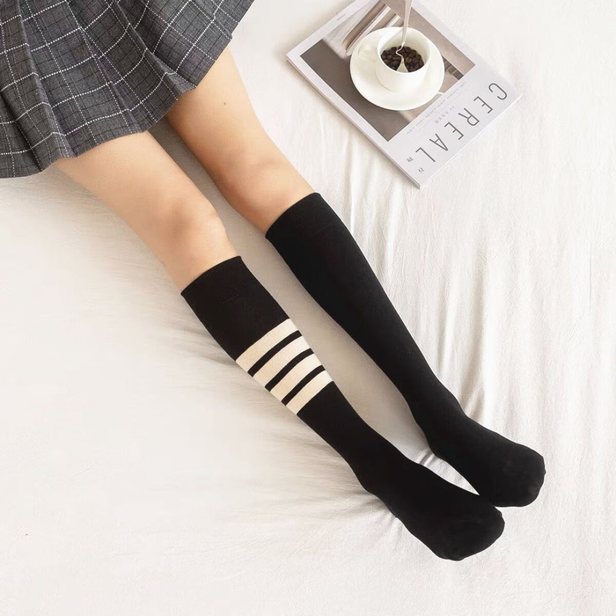 ck网红潮牌tb四条杠灰色ab小腿袜 过膝袜长筒袜子日系jk少女风袜 四
