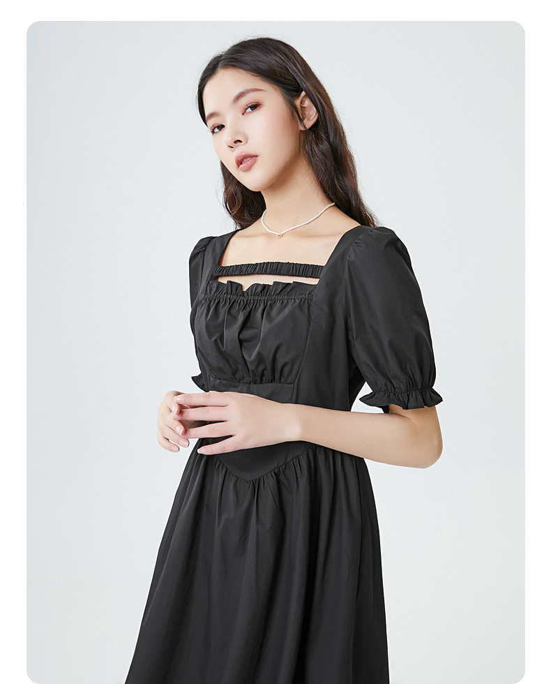 三福连衣裙2022夏季女前短后长摆泡泡袖方领裙子女装454260紫色16084a