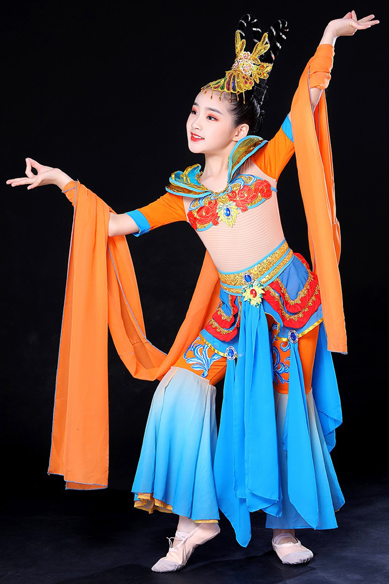 敦煌飞天服装舞蹈演出服童女少嫦娥奔月服装古典舞反弹琵琶表演服 桔