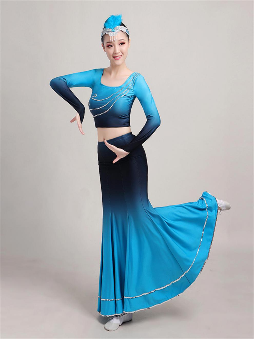 儿童傣族舞蹈服装演出服女云南孔雀舞包臀鱼尾裙艺考黑蓝渐变长袖xs