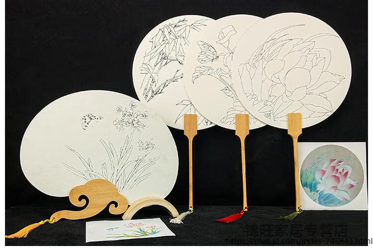 宣纸空白团扇子工笔手绘画国画填色白描底稿临摹儿童diy活动扇面如意