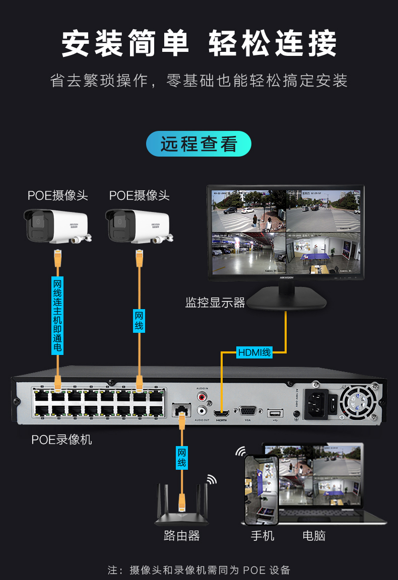 海康威视摄像头监控设备套装300万4路8路录音poe供电高清夜视室外网络