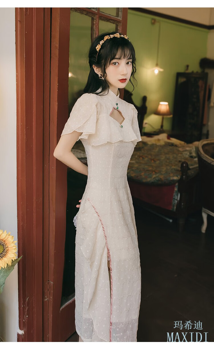 玛希迪连衣裙改良旗袍少女修身显瘦甜美小清新仙气中长裙优雅气质开叉