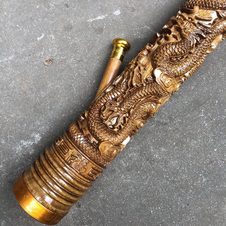画元堂 雕龙金丝楠木水烟筒云南楠木水烟袋水烟斗天然实木大号5龙实木