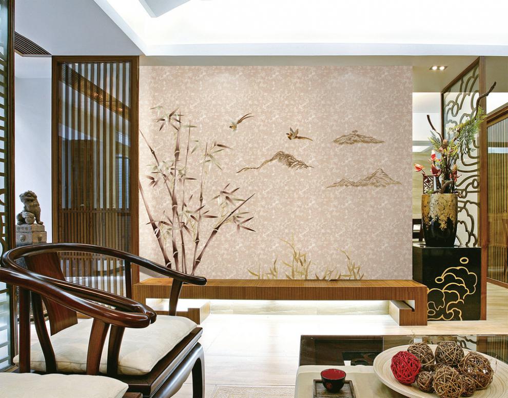 宝阁丽独绣背景墙无缝墙布新中式风格山水竹子刺绣背景墙墙布高风亮节