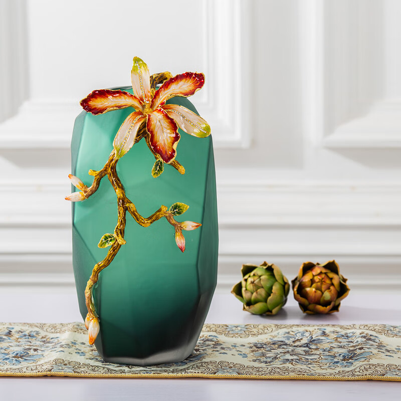 意策新款珐琅彩玻璃花瓶客厅摆件手工创意轻奢家居装饰柜艺术品乔迁