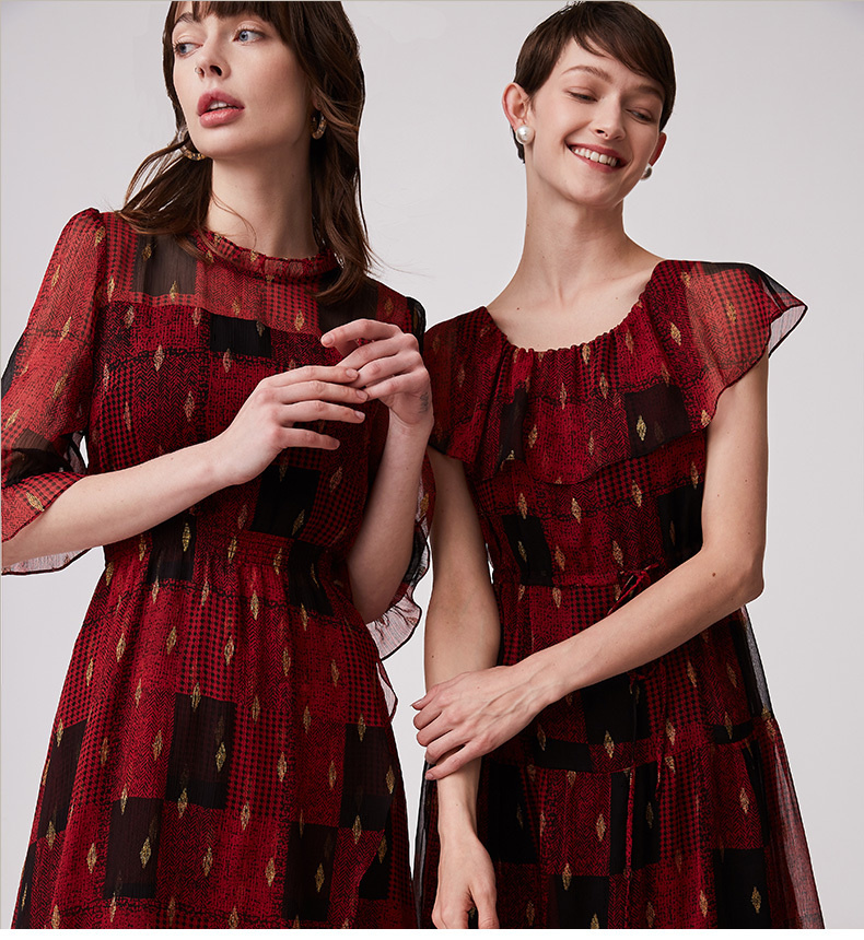 2020春季复古度假木耳领烫金印花荷叶边连衣裙【商场同款】 胭脂 155