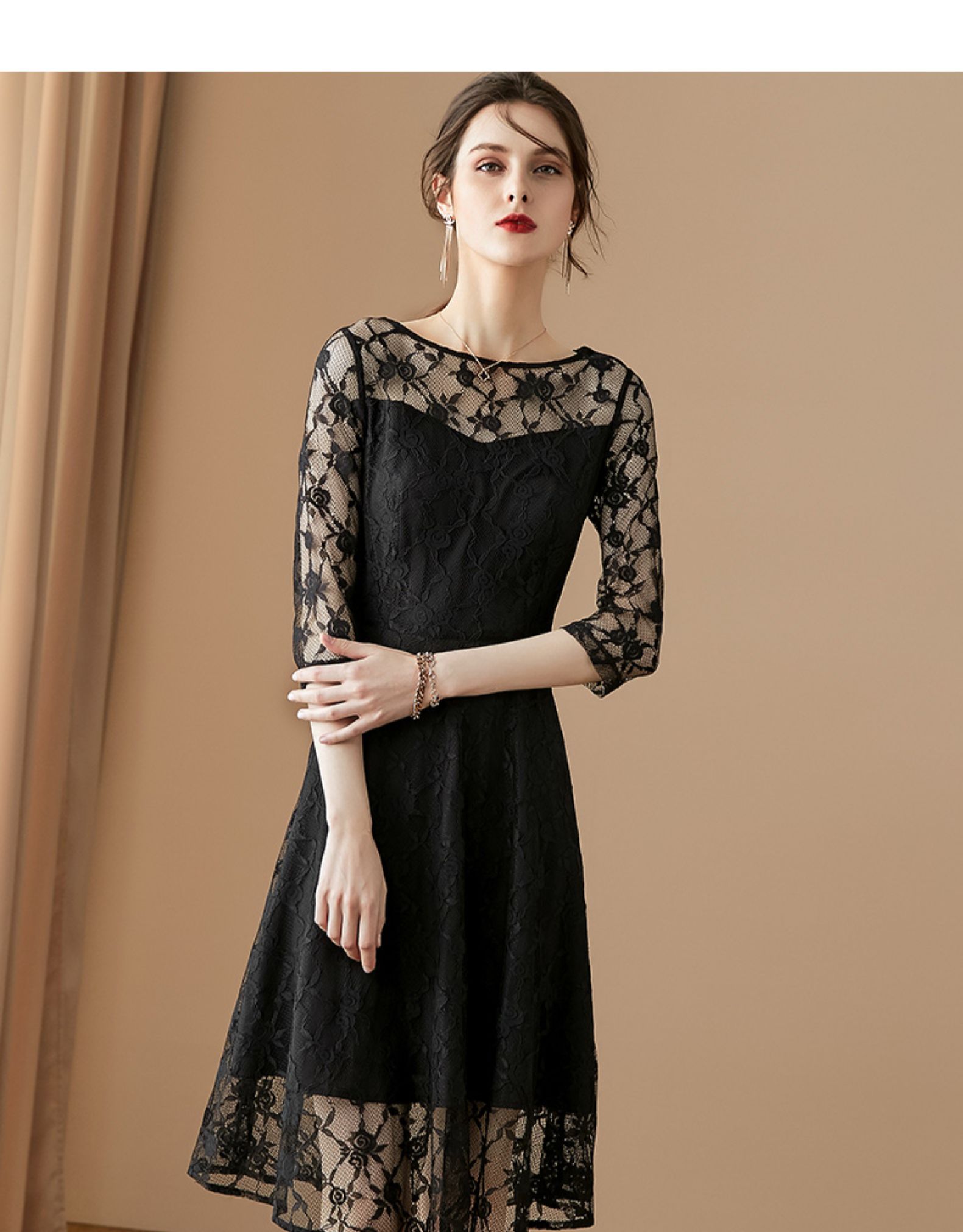 aoseka)轻奢品牌2020夏季新款法式优雅镂空小黑裙修身a字蕾丝连衣裙女