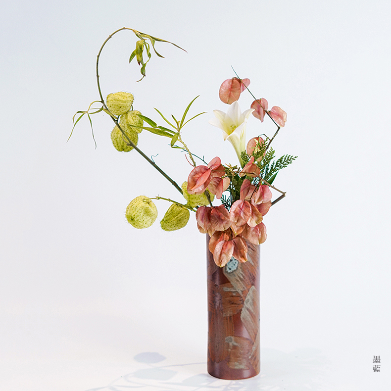 墨蓝设计款景德镇陶瓷直筒花瓶草月流投入瓶中式插花器皿装饰摆件深蓝