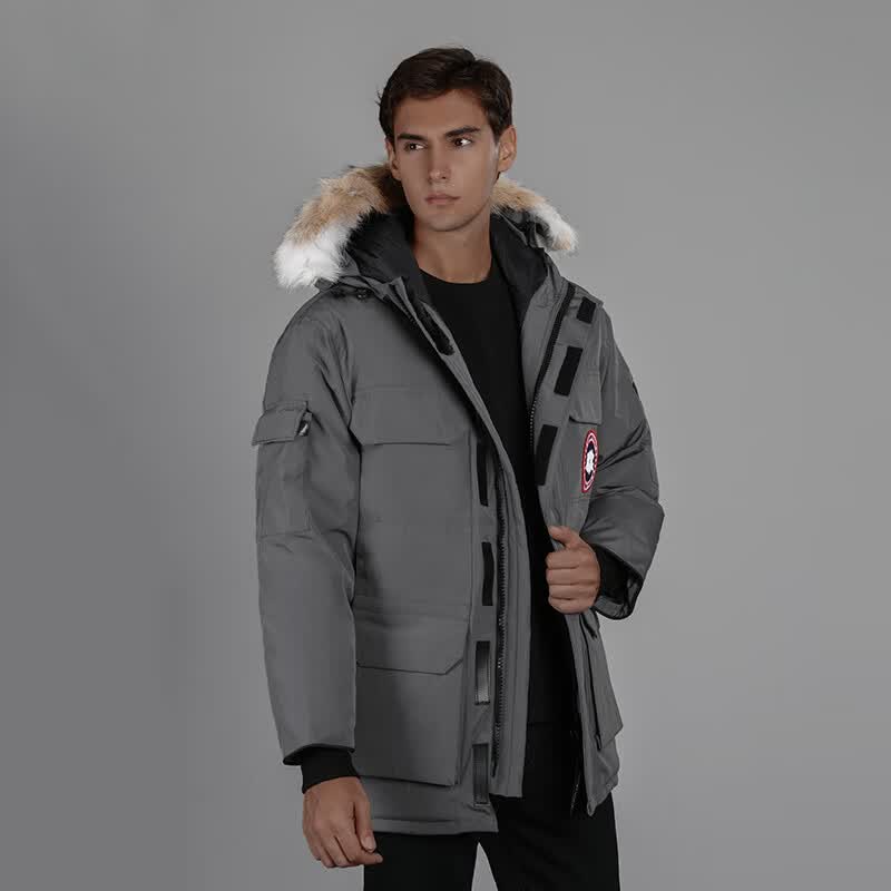 现代大鹅羽绒服男女同款石墨灰黑标08远征中长款工装情侣派克服男可