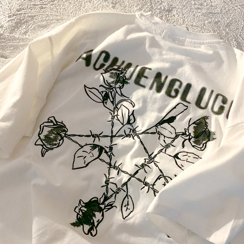 暗黑系刺绣玫瑰花荆棘短袖t恤男女ins潮街头半袖h9 黑色(纯棉 短袖)