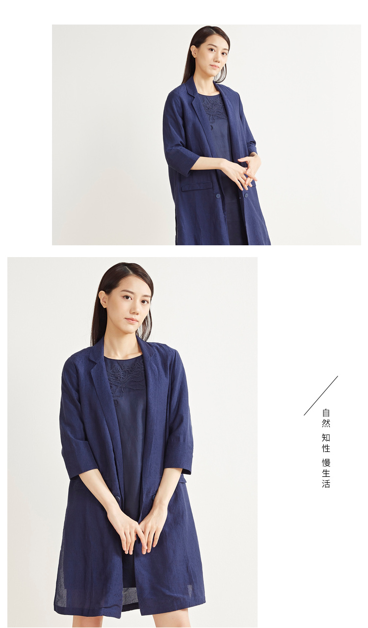 布景风衣女商场同款一粒扣纯色五分袖直筒中长款棉麻外套白色l