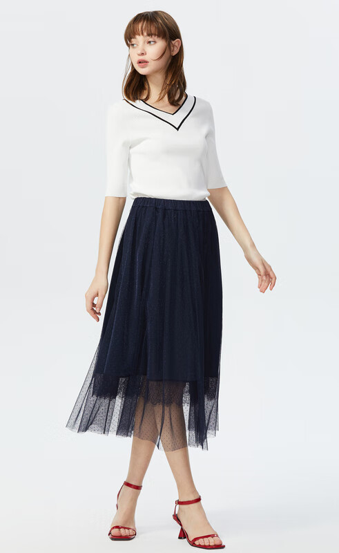 2020夏季新款时尚网纱超仙百褶裙有内衬优雅层叠a字半身长裙 藏蓝色