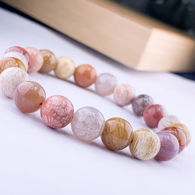 蒙萨俪珊瑚玉手链女 菊花纹理手串 菊花石原石水晶手串 图片色 串