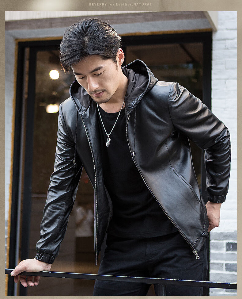 古莱登品牌连帽海宁真皮皮衣男绵羊皮修身机车皮夹克韩版潮流皮外套男
