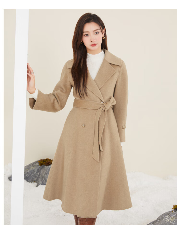 佳人苑双面毛呢外套女2022年冬季新款气质翻领复古金属扣收腰大衣 灰