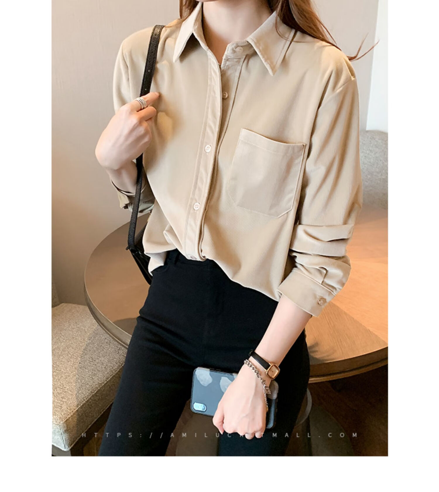 浪莎新款暖色灯芯绒衬衫女春秋法式小众内搭叠穿细条绒打底衫女士女式