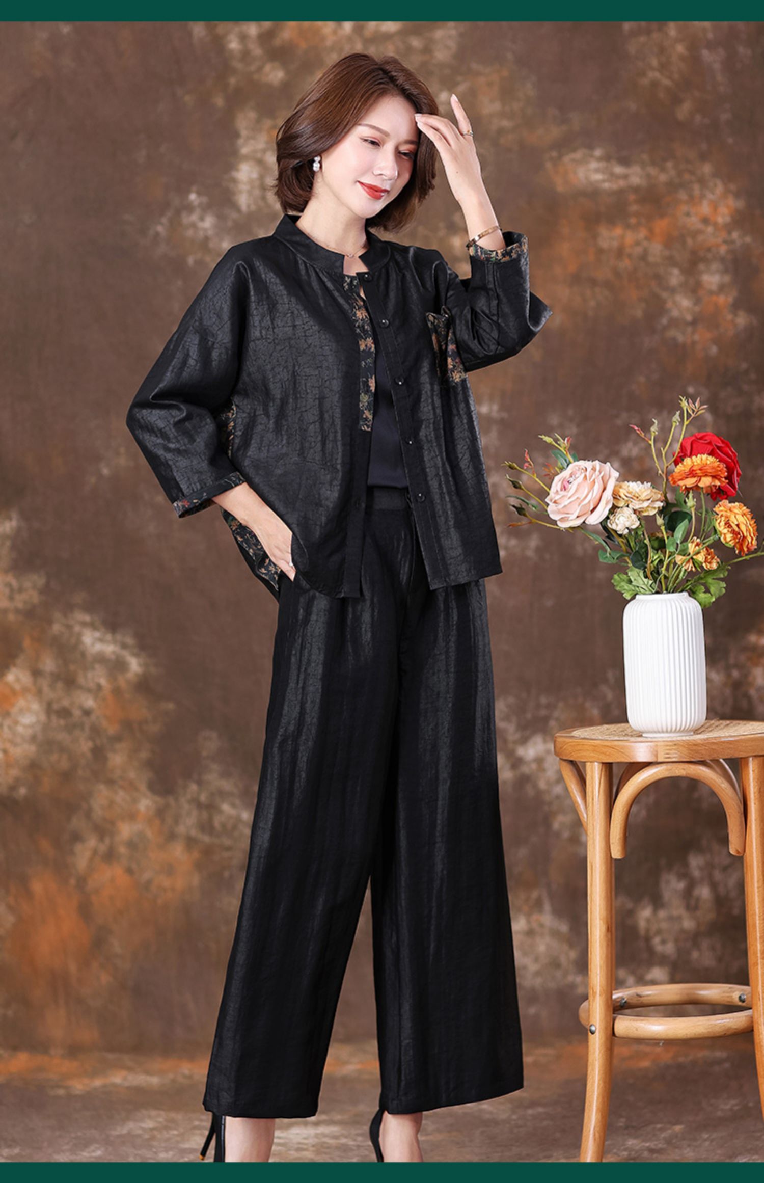 黑色龟裂纹高端香云纱上衣女春秋新款2021真丝桑蚕丝开衫正品大牌黑色