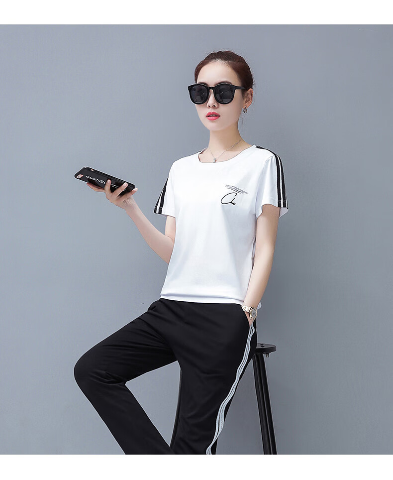 运动套装女夏季2020新款韩版时尚宽松学生跑步休闲服装短袖两件套 酒