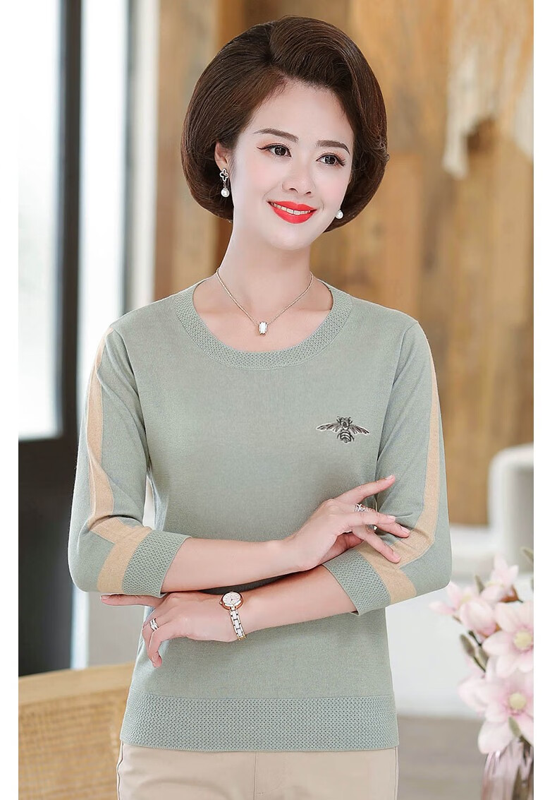 款针织打底衫女士圆领t恤 妈妈装时尚上衣老年人宽松大码圆领衣服春装