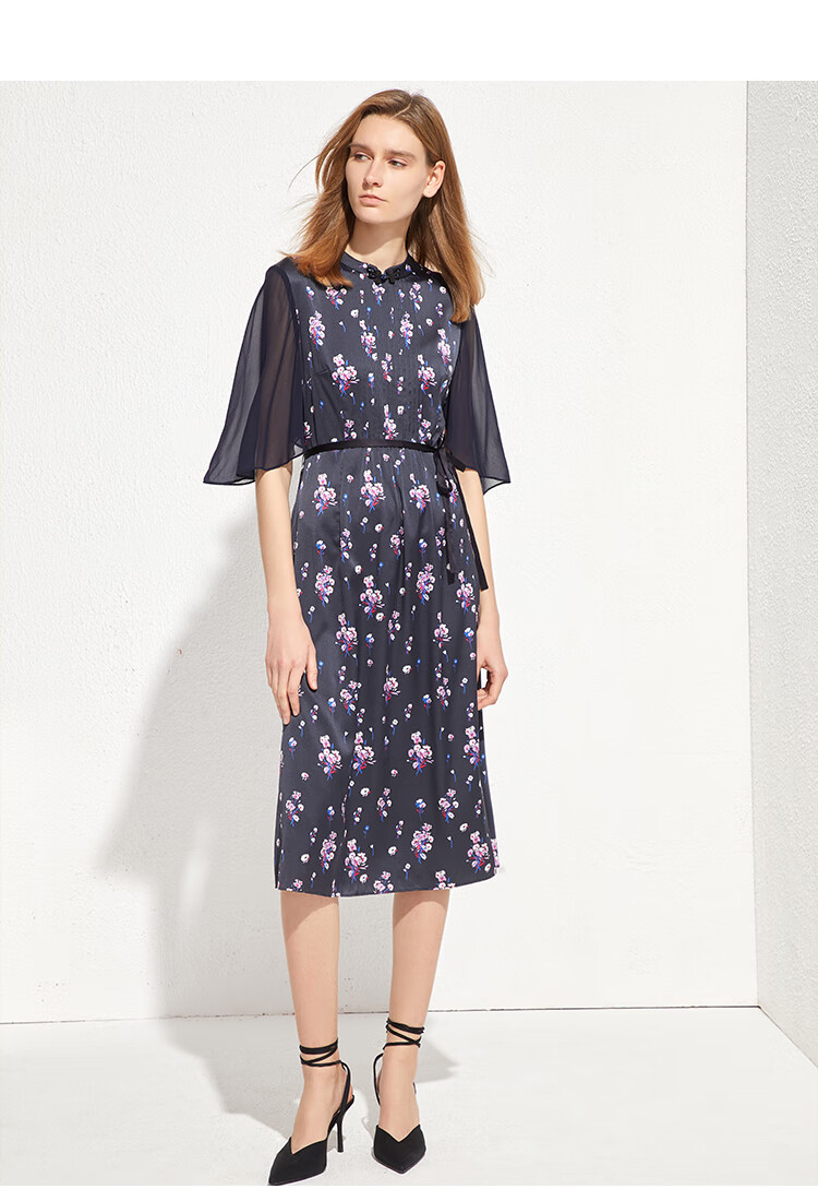 zb/珍贝印花真丝连衣裙2020夏季新款通勤小立领桑蚕丝长裙短袖018 藏