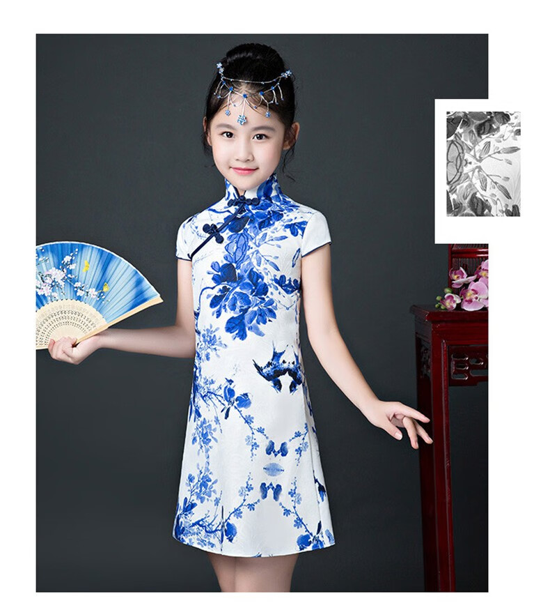 咕咕爱儿童旗袍大童中国风女童青花瓷小女孩国潮连衣裙古筝演出服夏季