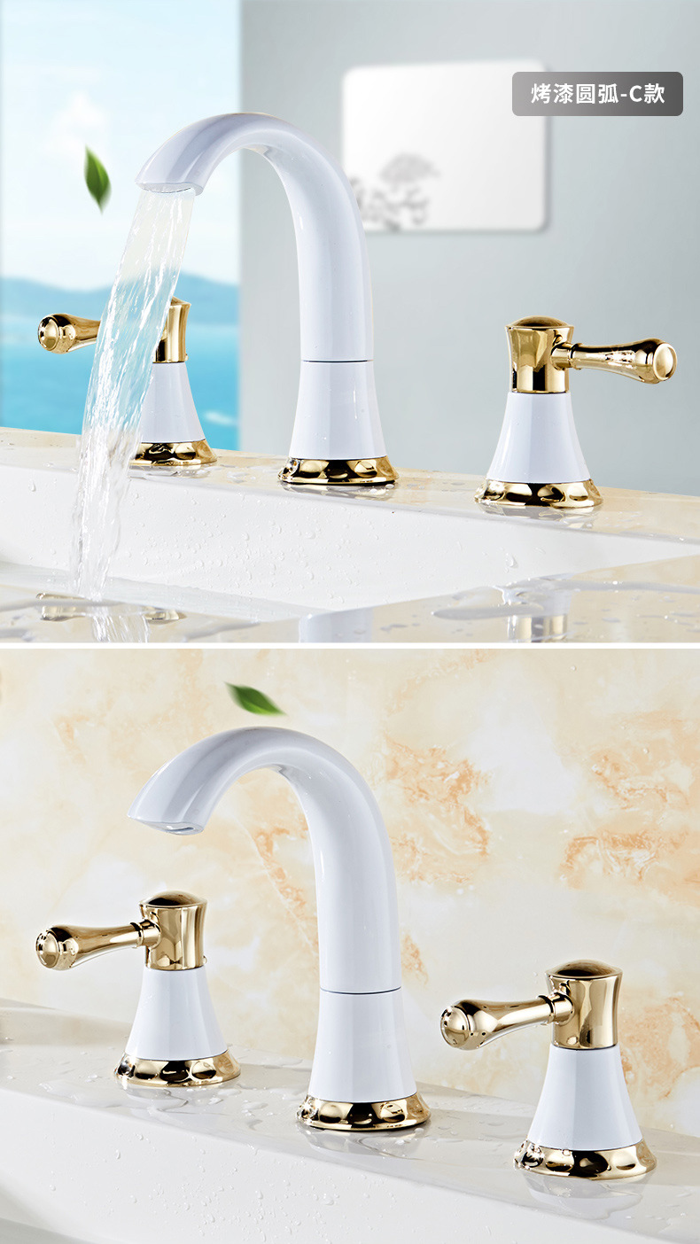 九思睿达 欧式3孔水龙头冷热面盆洗脸盆双把金色分体三件套龙头h a款