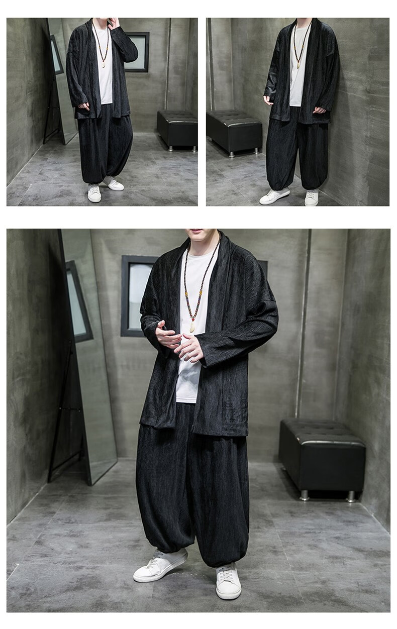 秋季中国风套装男汉服复古风外套潮牌古装开衫唐朝青年唐装道袍 灰色