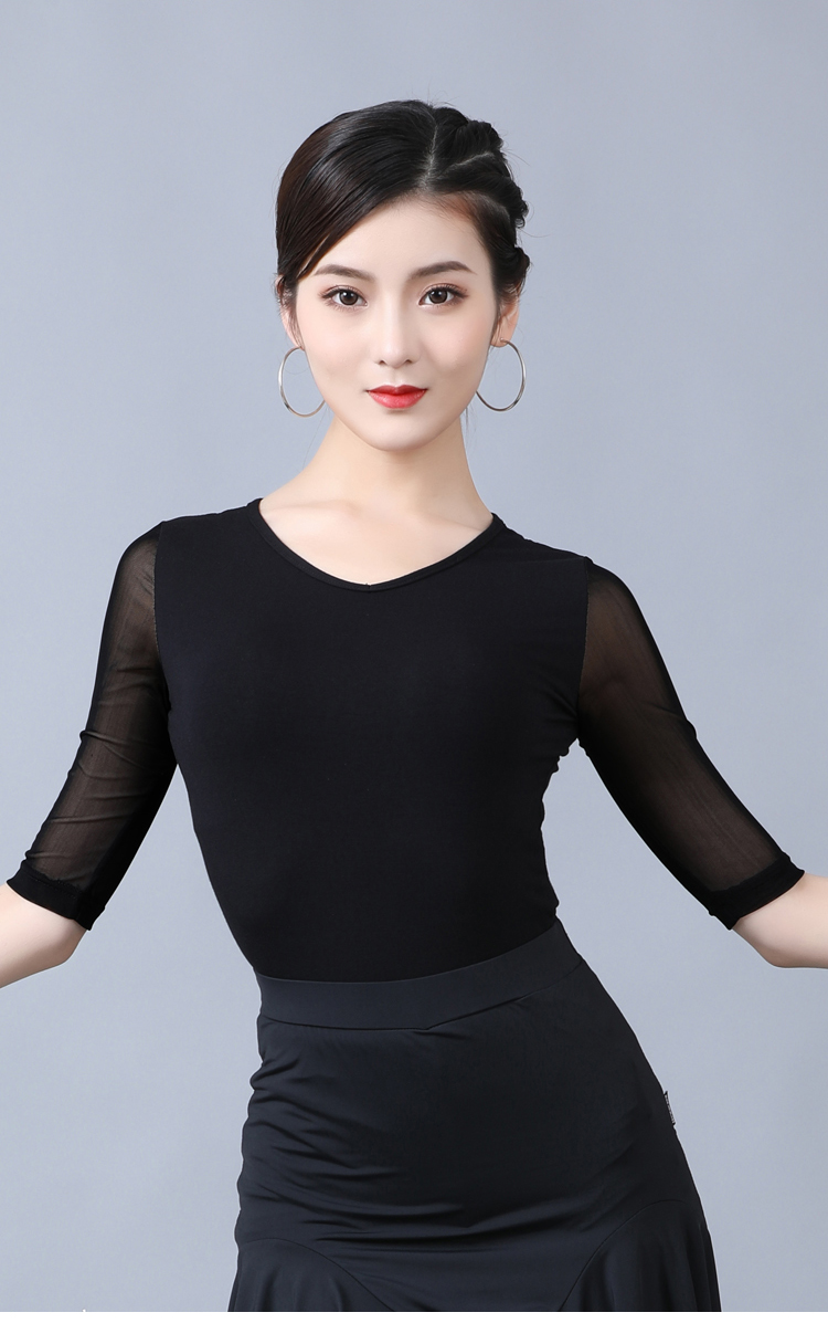 舞套装衣女服装v领中袖比赛演出舞蹈服摩登国标舞训练功服焦糖色上衣s