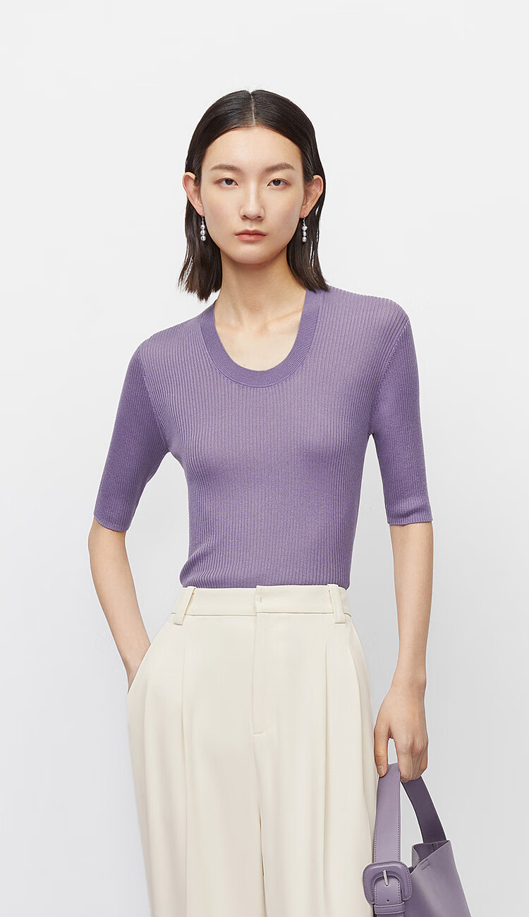 商场同款mm麦檬2022夏新款三醋酸天丝u型领紫色针织衫5d4930881q紫色