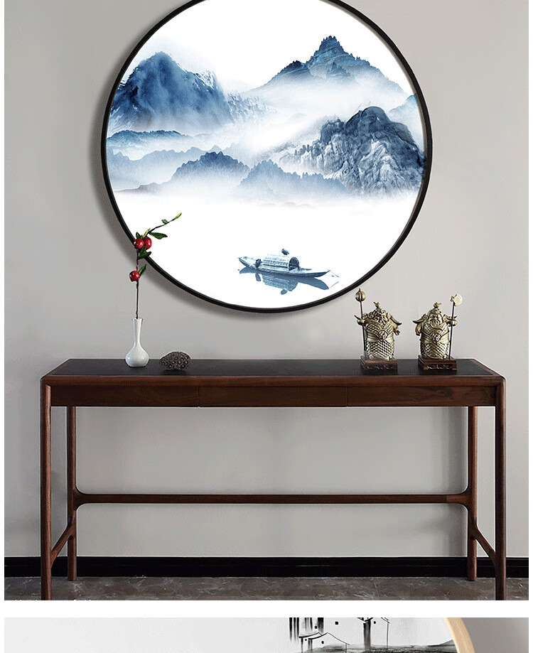 画新中式玄关圆形装饰画客厅山水画餐厅书房茶室墙壁画水墨禅意挂画