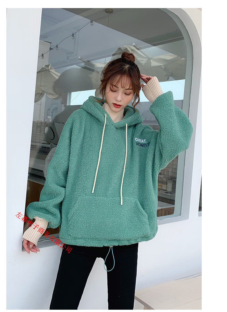 《冬装新品》毛茸茸羊羔毛卫衣女套头2019秋冬新款加厚加绒女装外套连