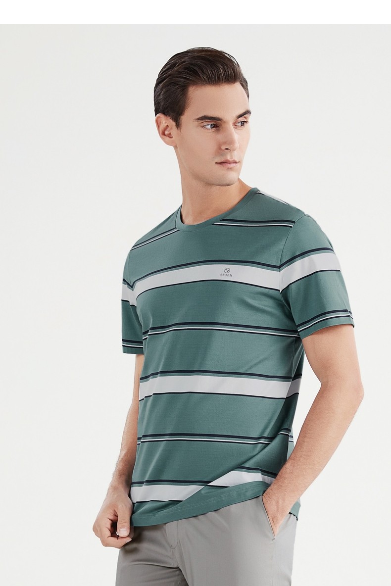 丝光棉柒牌男装圆领短袖t恤男2022年夏季新款条纹时尚休闲男士上衣灰