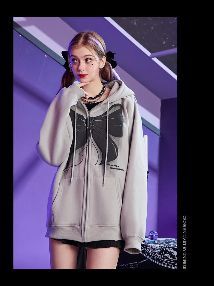 unifree女装unifree蝴蝶结连帽卫衣女灰色元气风开衫外套秋秋小个子