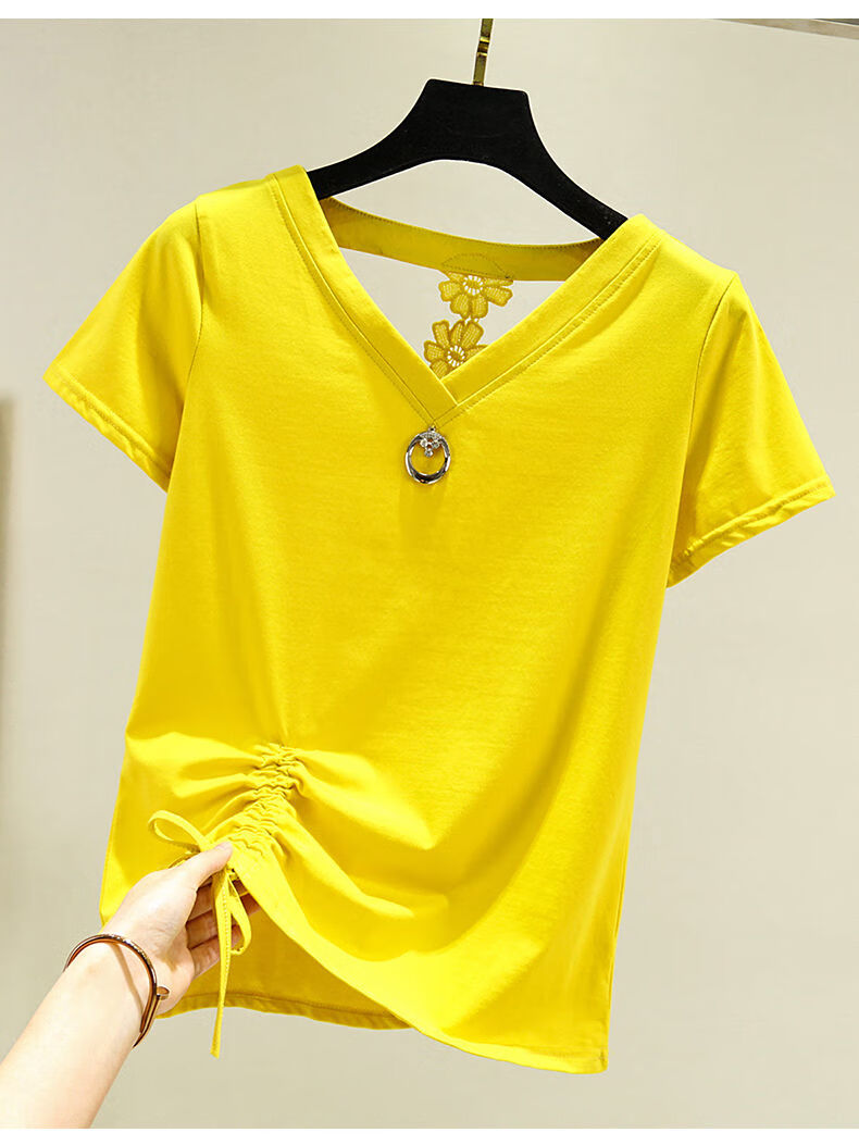 棉短袖t恤女衫桖血裇丅上衣个性感时尚短装v字低领漏背系绳抽绳 白色