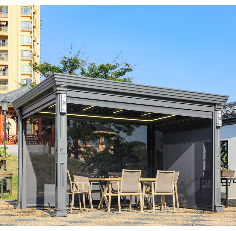 双帝凉亭户外新中式庭院铝合金花园休闲亭电动百叶翻转凉亭别墅阳光房