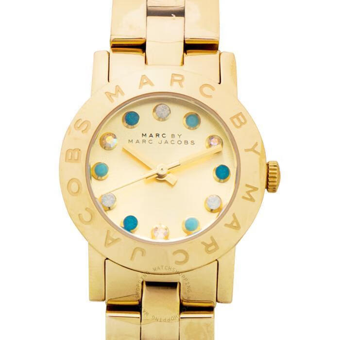 marcjacobs女士石英手表腕表表盘26mm防水50m蓝白珠宝款金色表身时尚