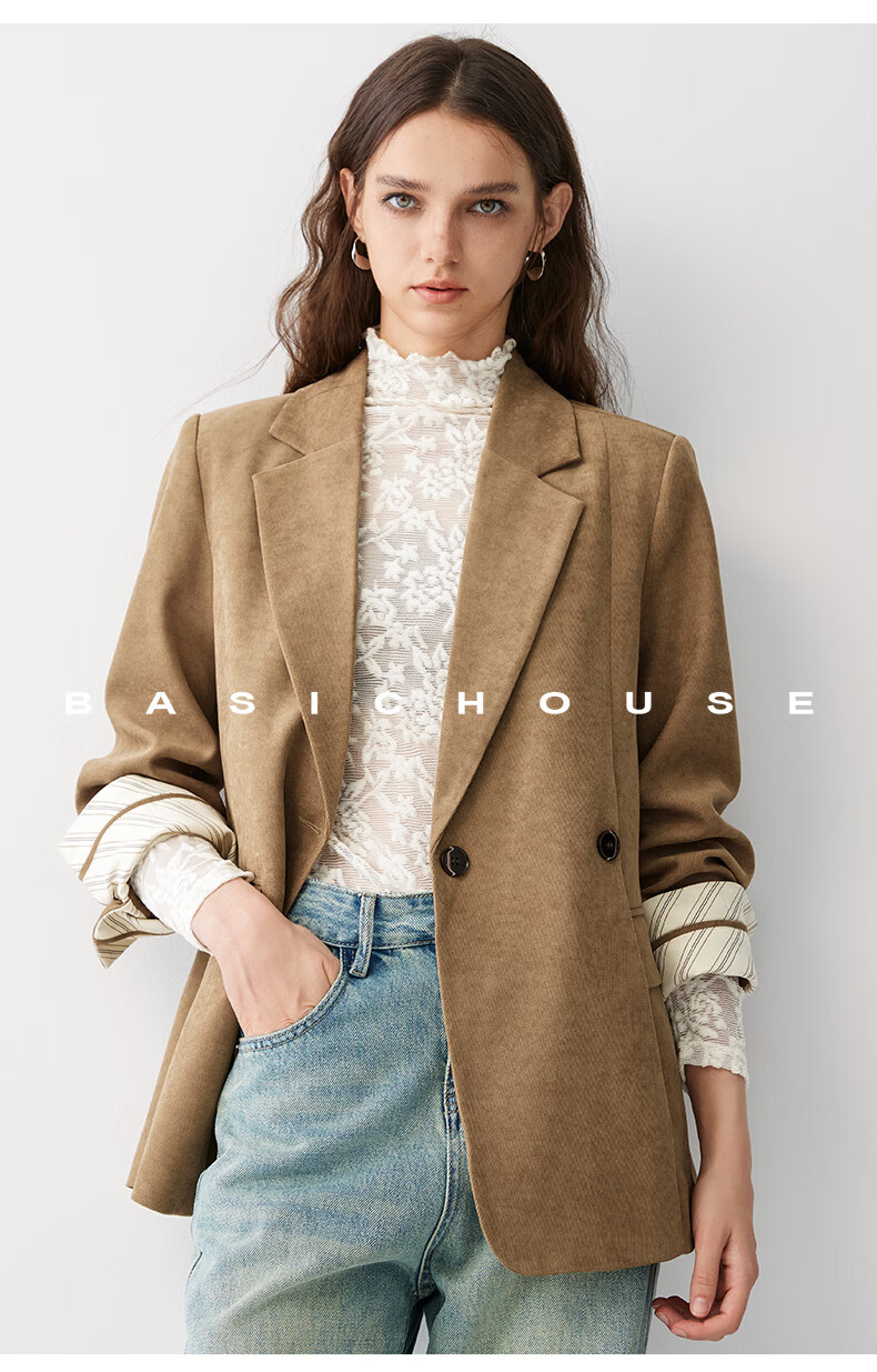 BASIC HOUSE/百家好休闲风秋季2024拉德潮流卡其色宽松气质小西装外套女2024秋季美拉德潮流小西服女O 卡其色 M详情图片31