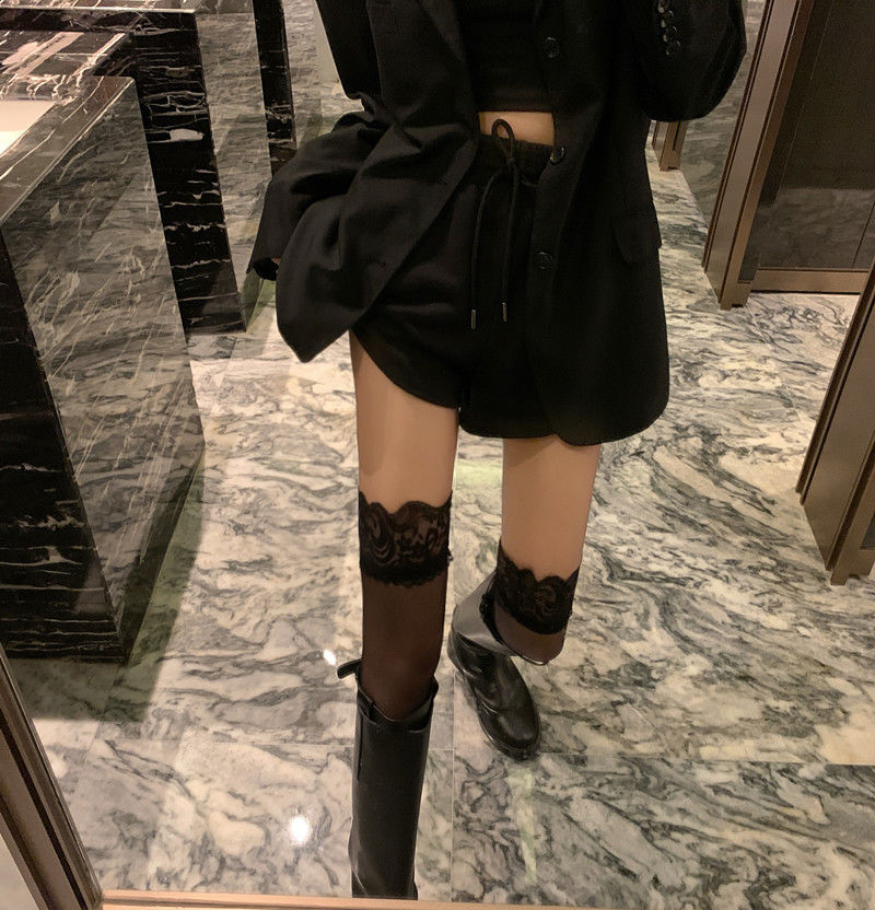 欧瑾蝴蝶结黑丝袜女性感黑色过膝长筒袜子jk蕾丝边暗黑萝莉渔网袜