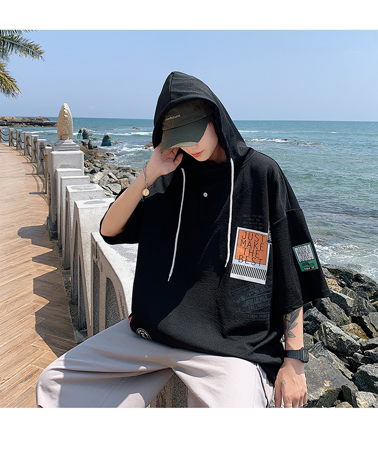 春夏天可以里面穿的半截袖连衣帽卫衣男港味韩版连帽七分袖t恤生半袖