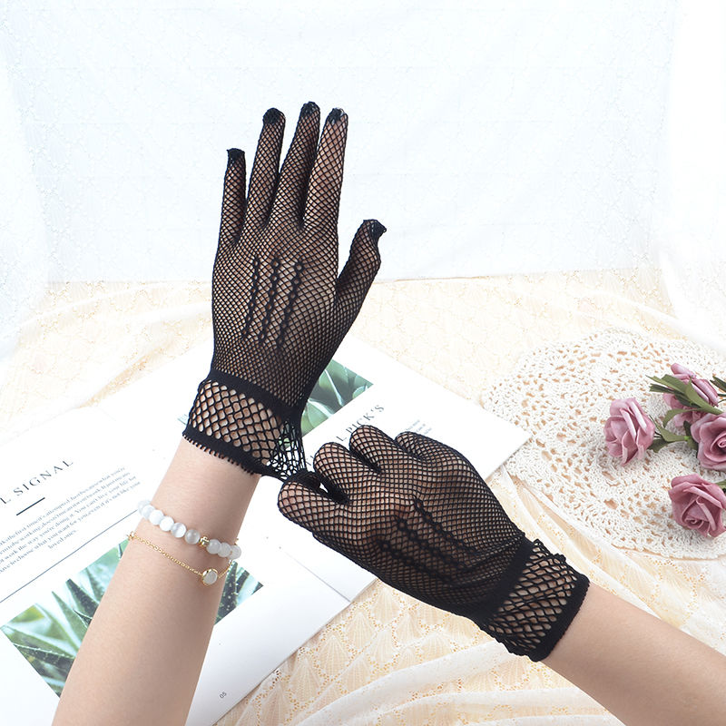 芷米夏季蕾丝手套防晒开车骑行户外礼仪小玫瑰碎花网纱弹力女婚纱手套