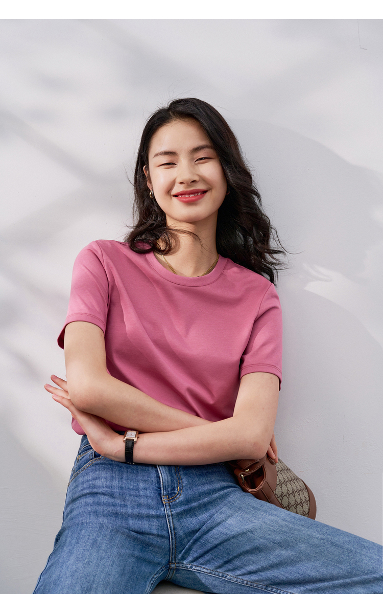 初棉玫粉色短袖t恤女夏新款凉感休闲宽松打底衫显瘦新款紫色l