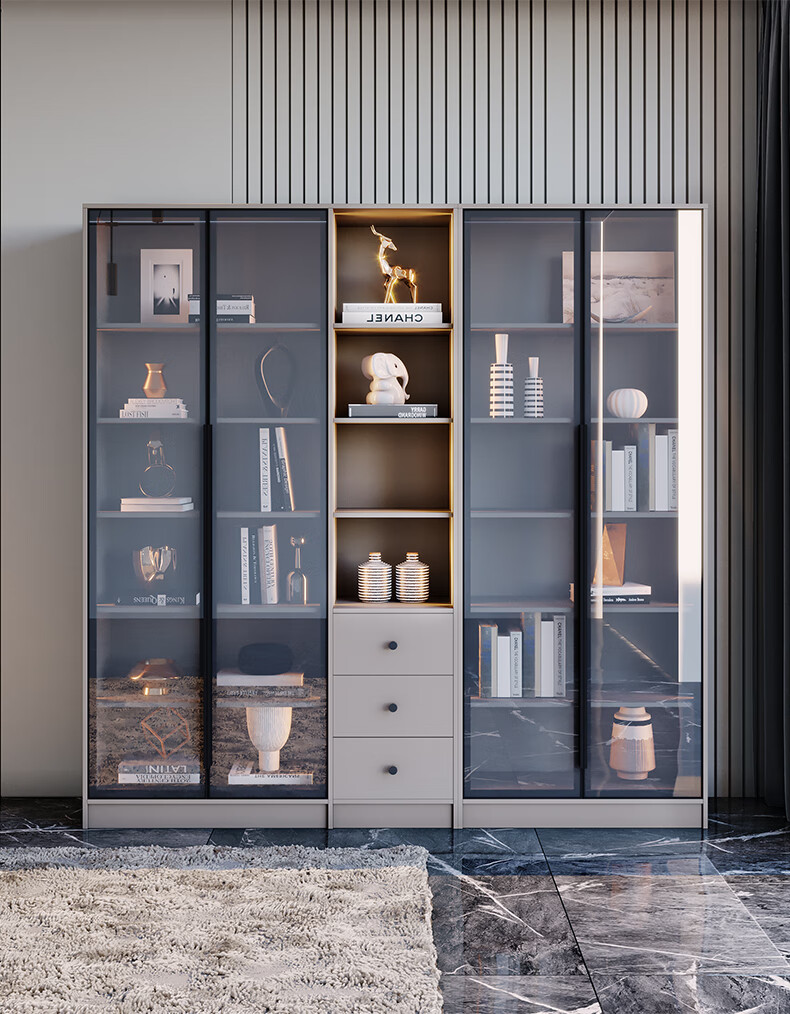 轻奢玻璃门书柜一体靠墙简约现代书房带灯展示柜卧室储物柜置物柜16米