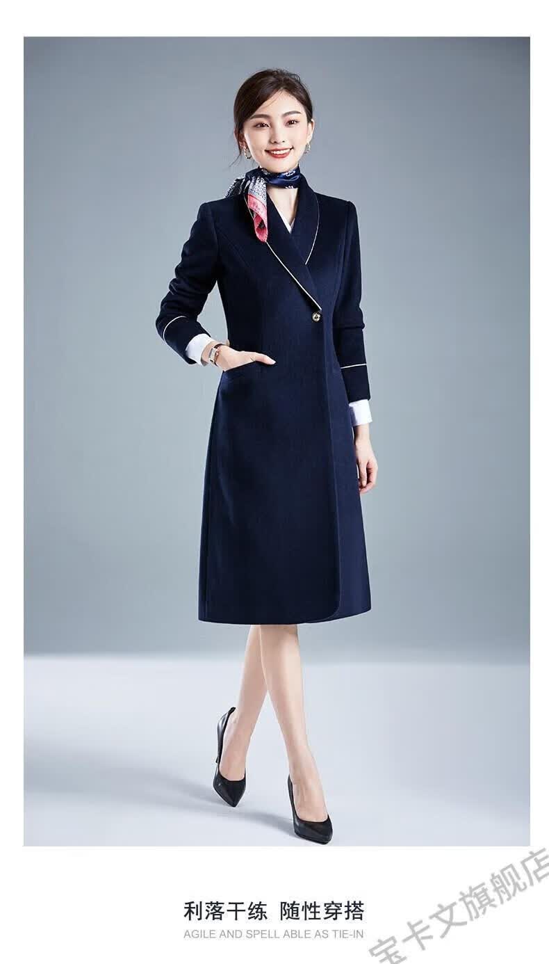 高铁乘务员空姐售楼部前台工装大衣女冬长款羊毛呢外套气质职业珠宝店