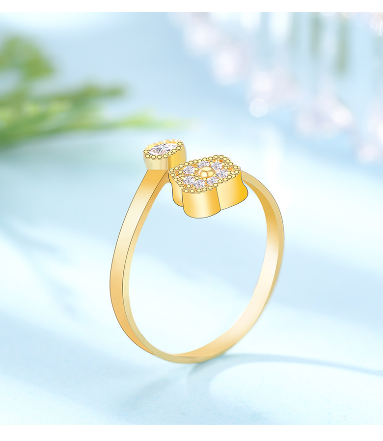 风格足金999纯黄金四叶草戒指女金镶锆开口戒时尚生日礼物定制礼物