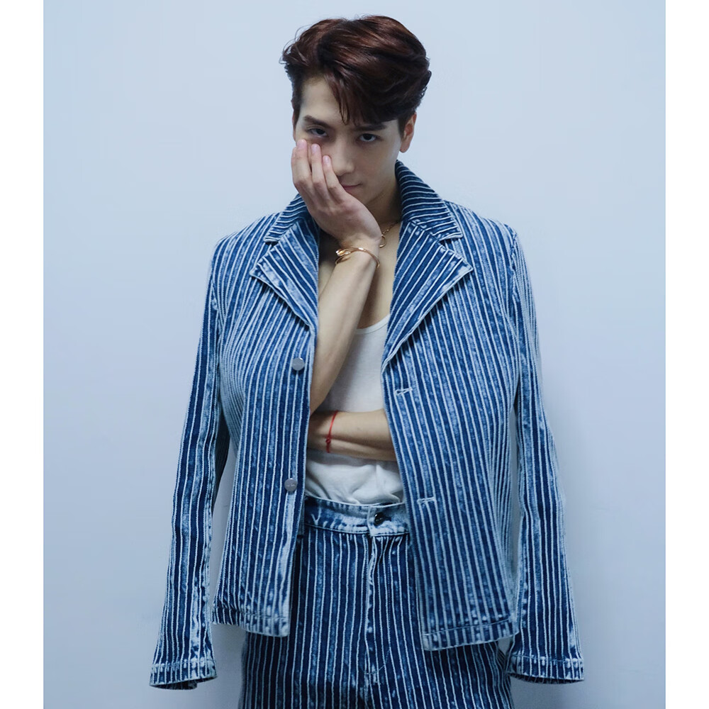 王嘉尔明星同款西装外套雪花做旧条纹牛仔衣服男女休闲套装秋冬潮