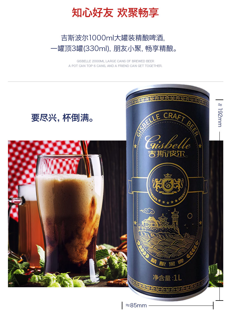 青岛吉斯波尔精酿啤酒全麦黑啤酒节日礼品黑啤整箱1l6听装
