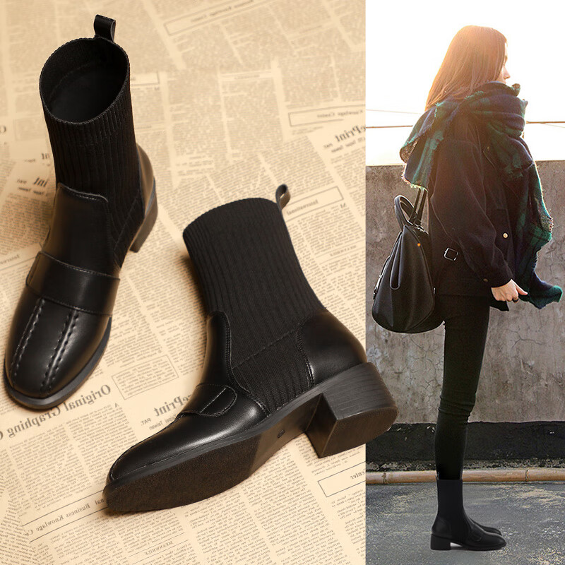 女士半高跟半筒靴粗跟短靴女式冬季中筒靴弹力靴粗跟中跟短筒女靴