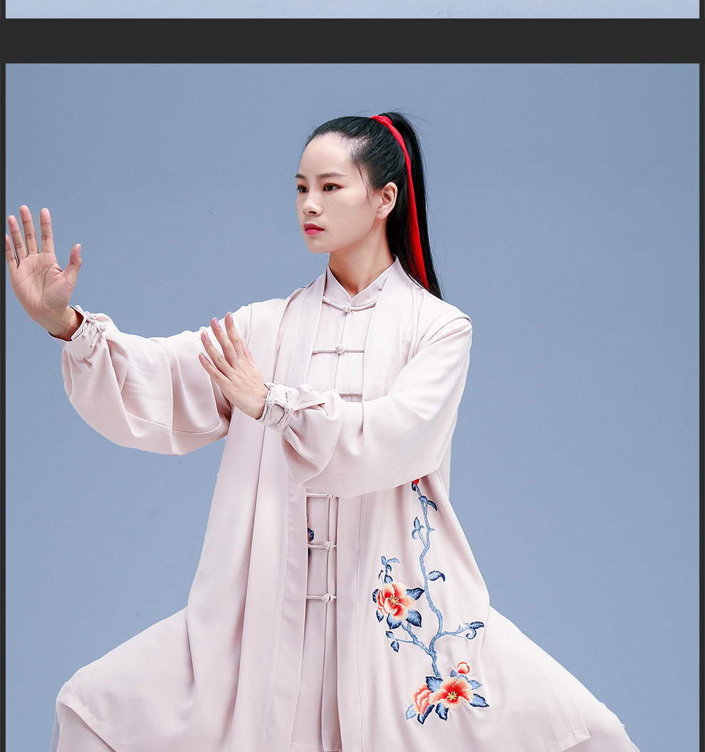 云太极服女武术服装春秋弹力棉练功服刺绣披纱太极拳服装三件套飘逸